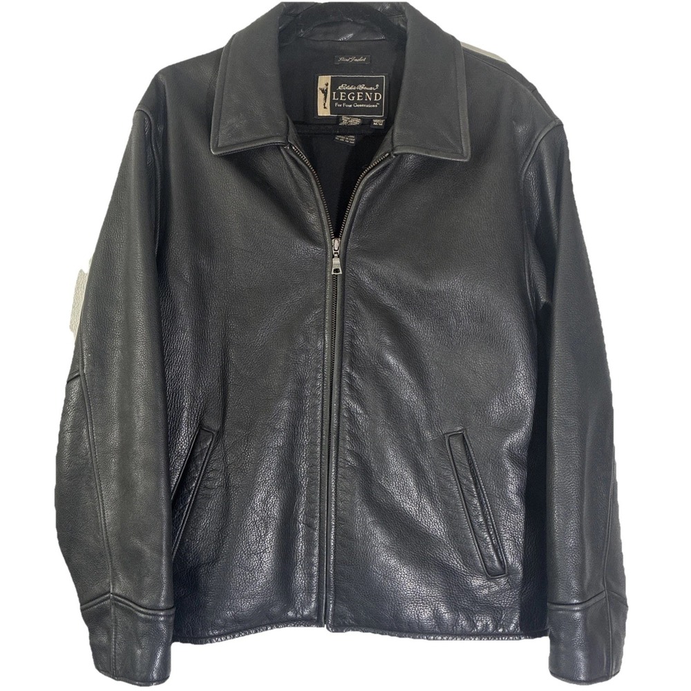 Eddie Bauer Leather Jacket Women's M Black Pebbled Full Zip Adjustable Waist